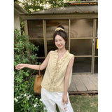 Bonnyshow  Summer New Gentle Temperament Slimming Wood Ear Slimming V-Neck Sleeveless Shirt For Women