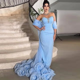 Bonnyshow Eye Catching Sky Blue Beaded Long Evening Dresses With Floral Cape Jacket 2 Pieces Formal Party Dress