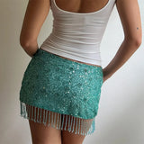 Bonnyshow  Sexy Sequin Tassel Women's Skirts Solid High Waist Patchwork All Match Female Skirt 2025 Summer New Lady Party Club Streetwears