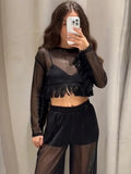 Bonnyshow  See Through Women's Pant Suit Two Piece Set Sexy Tassel  Patchwork Full Sleeve Tank Top Wide Leg Pants Female Sets Beach Outfit
