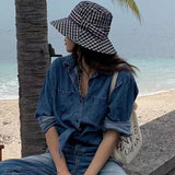 Bonnyshow Japanese Plaid Bucket Hat Summer UV Sunscreen Beach Hat Female Ins Bow Knot Big Brim Fisherman's Hat Beach Accessories