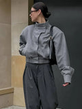 Bonnyshow Solid Color Short Women's Jacket Stand Collar Casual Loose Long Sleeve Jackets Fashion Vintage Grey Single Breasted Women Coat