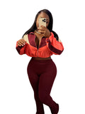 Bonnyshow Autumn Women Fashion Casual 2 Piece Set Color Patchwork Long Sleeve Zip-up Jackets Crop Top + High Waist Flare Pants Suit