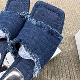 Tassel Denim Slippers Women Summer Vintage Blue High Heels Sandals Casual Streetwear Heeled Ladies Shoes Fashion Slides New 2025