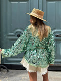 Bonnyshow  Retro Large Sequins Lace Up Shirt Women Fashion Glitter Loose Solid V-neck Open Shirts Coat Female 2025 Chic Street Outwear