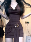 Bonnyshow  New Spice Girl Low-Cut Backless Mini Dress Vintage Brown Ring Bandage Pleated Slim Dresses Summer Party Street