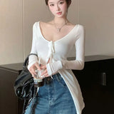 Bonnyshow New Women's T-shirt Autumn Streetwear Fashion Button Long Sleeves Casual Slim T-shirt Sexy Low Chest See Through Female Tees Top