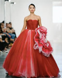 Bonnyshow Amazing Multi Colored Red Tulle Evening Dresses With Oversize Handmade Flower Strapless Puffy Bridal Dress Prom Gowns