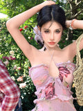 Bonnyshow  Women's Summer Holiday Sweet Halter Neck Floral Long Dress Lady Sleeveless Strap Slim Irregular Ruffles Beach Dress