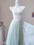 Bonnyshow  Delicate Green Spaghetti Strap A-Line Tulle Dress Elegant Women's Lace Romantic Evening Party Dresses Chiffon Gown