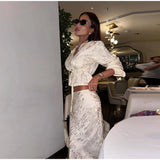 Bonnyshow  Elegant Tie Dye Print Women Top Skirt Set Urban V-neck Long Sleeve Shirt Hip Package Skirts 2025 Summer Fashion Lady Suit