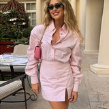 Bonnyshow  Stripe Mini Skirt Sets Women 2 Pieces New Long Sleeved Women Suit Casual Two Piece Set Summer Women Vacation Outfit 2025