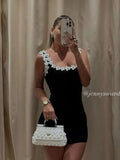 Bonnyshow  U Neck Flower Splicing Sling Mini Dress Women Black Sleeveless Backless Bodycon Dresses Summer New Lady Vocation Streetwear