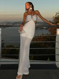 Bonnyshow  Chic Halter Sequined Knitted Patchwork Maxi Dresses Elegant Backless Lace Up Hip Package Long Dress 2025 Summer Lady Beach Robes