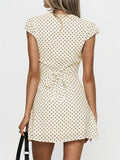 Bonnyshow  Short Sleeve V Neck Polka Dot Back Bow Tie Waist Mini Dress For Women Summer French Style Slim Casual Elegant Short Dress