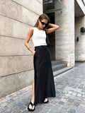 Bonnyshow New Women's Fashionable Vintage Elastic Waist Buttons Skirts Summer Female Casual Cotton Black Stylish Split Long Skirts