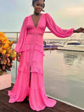 Bonnyshow  Women Elegant Layered Ruffles Patchwork Long Dress Chic V Neck Puff Full Sleeves Split Maxi Dresses Fashion Lady Party Robes