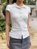 Bonnyshow  White Buttons Short Sleeve Tees Women Summer Cotton Casual Turn Down Collar Preppy Style Tops Sweet Vintage Chic Cute T-shirts