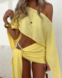 Bonnyshow Yellow Beach Skirt Sets Women Fashion Off The Shoulder Crop Top and Mini Skirt Outfits Summer Sexy Bandage Holiday Two Piece Set