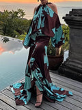 Bonnyshow  Printed Patchwork Halter Dress off-Shoulder Lantern Sleeve Flowy Slit 2025 Summer Maxi Romantic Robe Women Holiday Lady Vestido