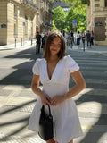 Bonnyshow  Elegant White High Waist A-line Mini Dress For Women Short Puff Sleeve V-neck Bodycon Dresses 2025 Summer New Casual Streetwear