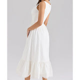 Bonnyshow  Bohemian Style Bow O Neck White Midi Dress Women Front Lace Up Bandage Sleeveless Casual Summer Dresses Holiday Robe