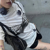 Bonnyshow Black Lace Bra Print White Graphic T-Shirt Fashion Woman Blouse Tees 2023 O Neck Short Sleeve Casual Street Sweats Tops