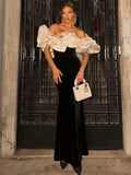 Bonnyshow Elegant Black&White Velvet Long Evening Dresses With Ruched Neckline Details Vintage Formal Party Dress Maxi Gowns