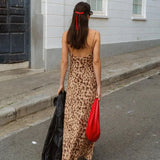 Bonnyshow Leopard Print Sleeveless Long Dress For Woman Sexy V Neck Backless Spaghetti Straps Summer Holiday Party Midi Dresses