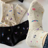 Bonnyshow Cute Moon Stars Pattern Socks for Women Kawaii Planet Space Print Middle Tube Sock Girls Harajuku Streetwear Cotton Socks