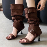 Bonnyshow  Fashion Metal Buckle Decoration Thigh High Boot Women Sexy Open Toe Design Brand Modern Boot High Quality Faux Suede Summer Boot