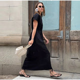 Bonnyshow  Elegant Women Short Sleeve Midi Dress New Spring Summer Sexy Round Neck Draped High Waist Robe Office Party Long Dresses