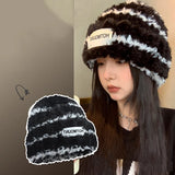 Bonnyshow Korean Striped Plush Hat Women Winter Warm Faux Fur Beanie Cap Solid Color Fluffy Windproof Female Ear Protection Hats