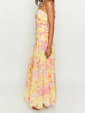 Bonnyshow  Women s Floral Print Maxi Dress Sleeveless V-Neck Empire Waist Summer Dress with Ruffle Hem and Adjustable Straps