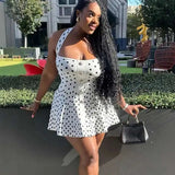 Bonnyshow  Knitted Dot Print A-E Mini Dress Women BabYoung Backless Single Breasted Elegant High Waist Dresses 2025 Spring Party Chic Robe