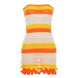 Bonnyshow  Vacation Mini Dress Knitted Striped PrintStrapless Bodycon Women Backless Prom Party Casual Streetweaer Dresses Clothes