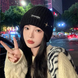 Bonnyshow Korean Letter Knit Beanie Cap Women Winter Thickened Warm Pullover Hat Solid Color Star Female Ski Woollen Caps