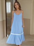 Bonnyshow  Chic Blue Patchwork A-line Long Dress Elegant Sleeveless Off Shoulder Loose Dresses For Women 2025 Summer Vacation Beach Gowns