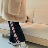 Bonnyshow  Korean Casual Bow Knot Plush Sweatpants Drawstring Striped Jogger Pants Cute Harajuku Trousers High Waist Loose Pants For Women