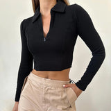 Bonnyshow Women's T-shirt Autumn Winter New Black Long Sleeves Crop Top Casual Fashion Zippers T-shirt Female Turn-down Collar Sexy Tops
