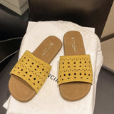 Bonnyshow  Hollow Out Flat Slippers Pu Leather High Quality Summer Sandals New Luxury Design Women's Shoes Beach Slides