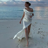 Bonnyshow  Side Split Backless Wer Long Dress Women Sleeveless Pleated Elegant White Evening Party Dresses Beach Babyoung Loose Lady Robe