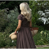 Bonnyshow  Solid Pleated Short Sleeve Women Dress Minimalist Waist Loose Skirt 2025 Summer Casual Female Vestido Daily Commuting Lady Robe