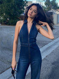 Bonnyshow Y2k Denim Jumpsuit Women New V-Neck Sleeveless Slim Bodycon Jumpsuits Overalls Streetwear One Piece Outfits Jeans