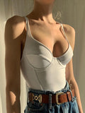 Bonnyshow Sleeveless Backless V Neck Skinny Solid Basic Sexy Tank Bodysuit Women