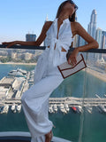 Bonnyshow  Fashion Women's Sets Suits Satin Solid Folds Deep V-Neck Sleeveless 2Pcs (Tops+Long Pants) Sexy Skinny Causal Tracksuits
