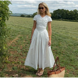 Bonnyshow  Solid Pleated Short Sleeve Women Dress Minimalist Waist Loose Skirt 2025 Summer Casual Female Vestido Daily Commuting Lady Robe