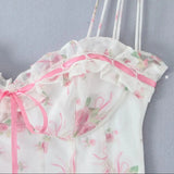 Bonnyshow  Women Wire Bra Wood ears Bow V Collar Push Up Bandage Backless Sling Dress Sexy Floral Print Night Out Party Summer Robe