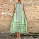 Bonnyshow  Summer Elegant O-neck Big Hem Pullover Dress 2024 Vintage Striped Print Long Dress Women Casual Sleeveless Loose Halter Dress