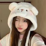 Bonnyshow Winter Plush Hat for Women Cute Cartoon Bear Ears Female Windproof Cap Solid Color Warm Lamb Fleece Ear Protection Hats